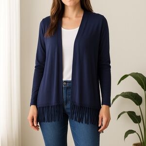 JOSEPH A. Navy Blue Rayon Fringe Hem Open Cardigan High-Low Sweater S